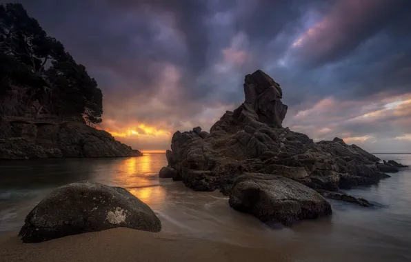 Sand, beach, landscape, sunset, clouds, nature, stones, rocks