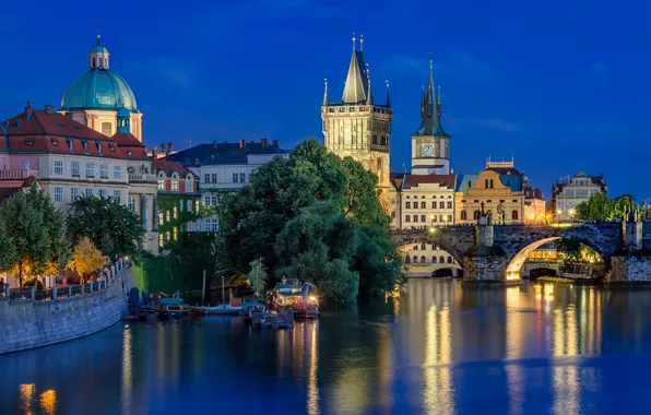 Lights, river, the evening, Prague, Czech Republic, Charles bridge