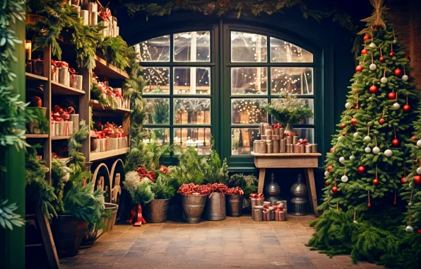 Balls, branches, room, window, Christmas, gifts, floor, New year
