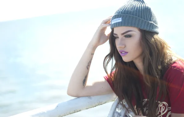 Picture girl, woman, model, fence, tattoo, bokeh, cap, brunette