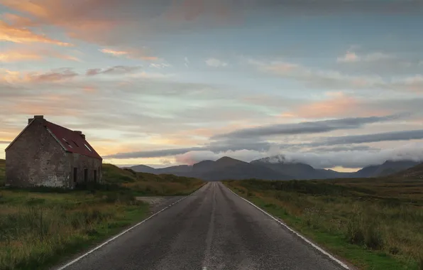 Road, clouds, mountains, dawn, hills, the building, abandonment, building