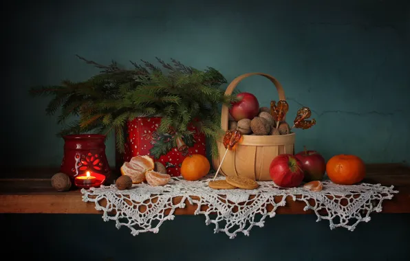 Picture winter, basket, apples, tree, new year, Christmas, cookies, shelf