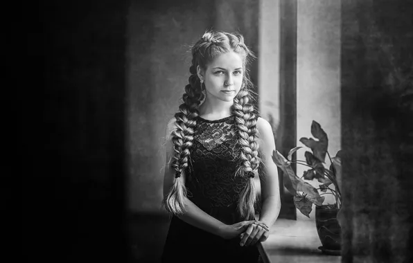 Girl, sill, braids, b & W photo, the flower on the window