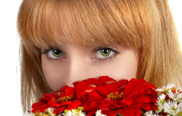 Eyes, look, girl, flowers, face, gerbera