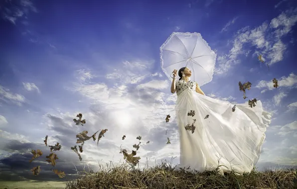 Picture leaves, girl, umbrella, mood, the wind, dress