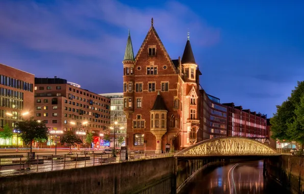 Night, bridge, the city, building, Germany, channel, Hamburg, Germany