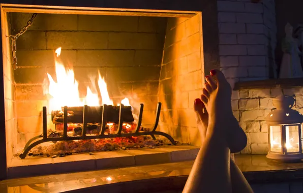 Girl, heat, lamp, candle, fireplace, legs, cozy