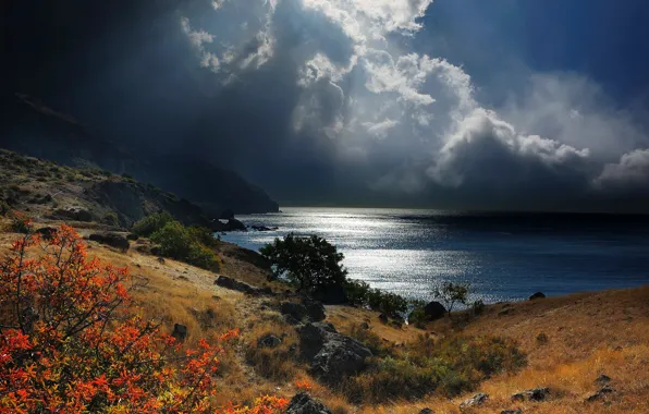 The sky, grass, mountains, clouds, stones, overcast, coast, the rays of the sun