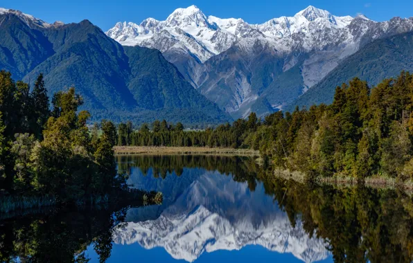Forest, mountains, lake, reflection, New Zealand, New Zealand, Lake Matheson, Southern Alps