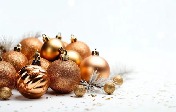 Balls, branches, Shine, sequins, Christmas, white background, New year, gold plated
