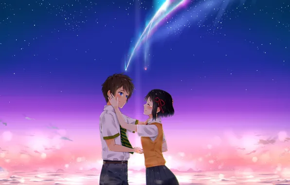 Sunset, the evening, anime, art, comet, Kimi no VA On, Your name