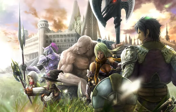 Grass, the city, weapons, art, shield, final fantasy, characters, rinzo