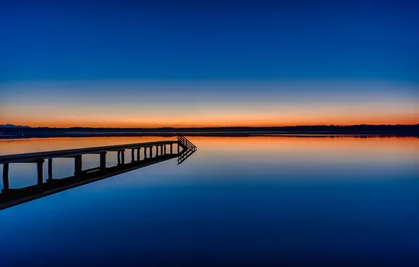 The sky, lake, pier, glow, the bridge