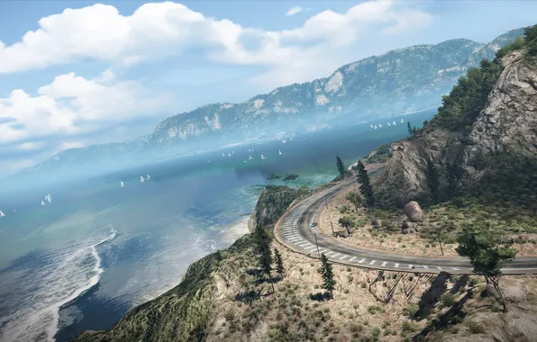 The sky, trees, the ocean, track, the bushes, Need for Speed Hot Pursuit