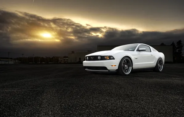 White, the sun, sunset, Mustang, Ford, Mustang, white, muscle car