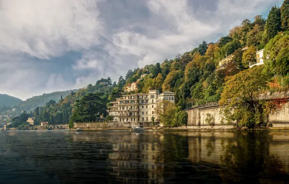 Forest, the sun, clouds, trees, mountains, lake, shore, home