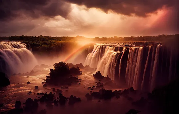 Landscape, nature, rocks, waterfall, AI art, neural network