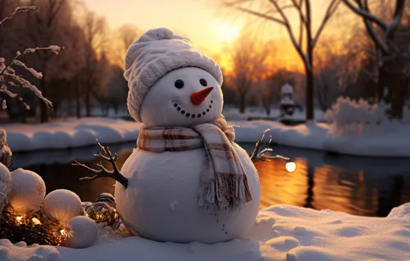 Picture winter, snow, new year, Christmas, snowman, AI art, neural network