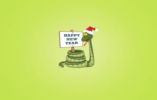 The inscription, plate, new year, snake, red, green background, happy new year, Christmas hat
