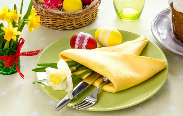 Plate, Easter, knife, plug, napkin, Narcissus, serving