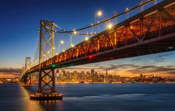 Picture the sky, sunset, bridge, lights, coast, home, the evening, lights