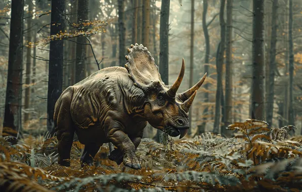Trees, Dinosaur, Horns, Triceratops, Animal, Digital art, Triceratops, Ancient animals