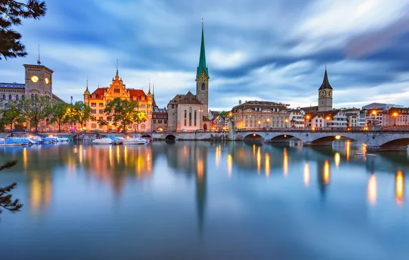 Lights, lake, the evening, Switzerland, Zurich