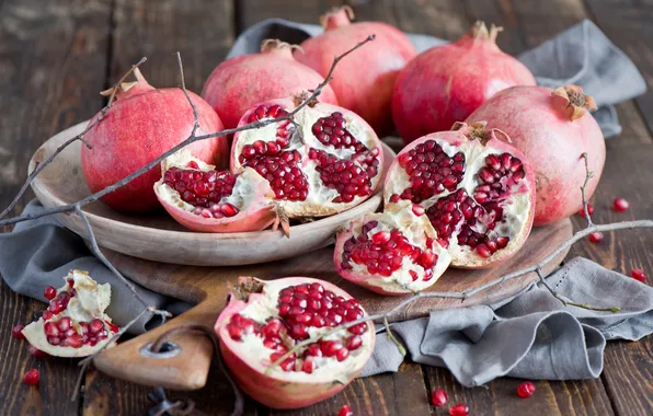 Winter, branches, plate, red, Board, fruit, still life, grenades