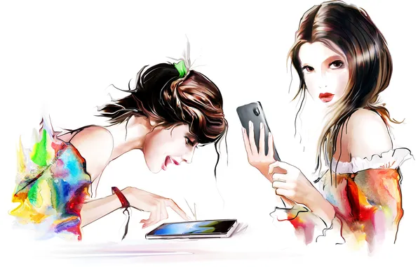 Look, face, figure, vector, brunette, phone, tablet
