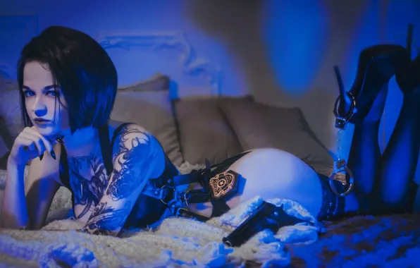 Pistol, ass, Resident Evil, model, tattoo, women, cosplay, brunette