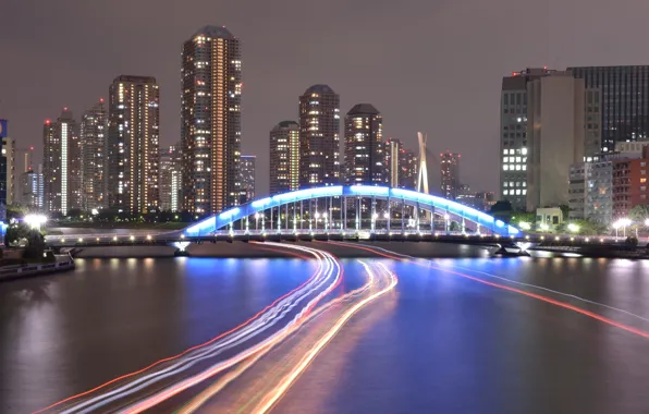 Bridge, river, building, river, bridge, buildings, lights on the river, lights on river