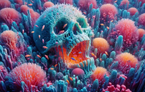 The ocean, skull, corals, reef