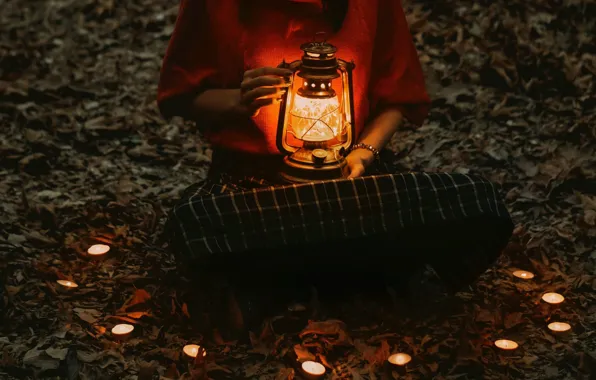Autumn, leaves, girl, light, candles, lantern