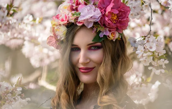 Girl, flowers, smile, spring, flowering, bokeh