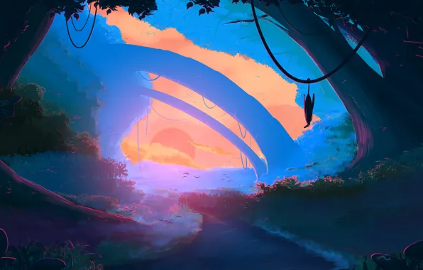 Sunset, The sun, Nature, Trees, Jungle, Jungle, Fantasy, Landscape