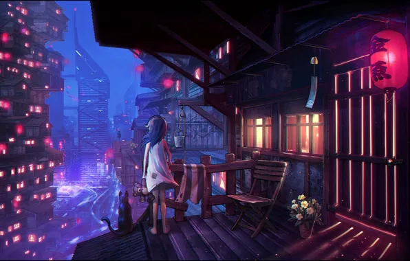 Night, The city, Japan, Cat, Girl, Building, Girl, City