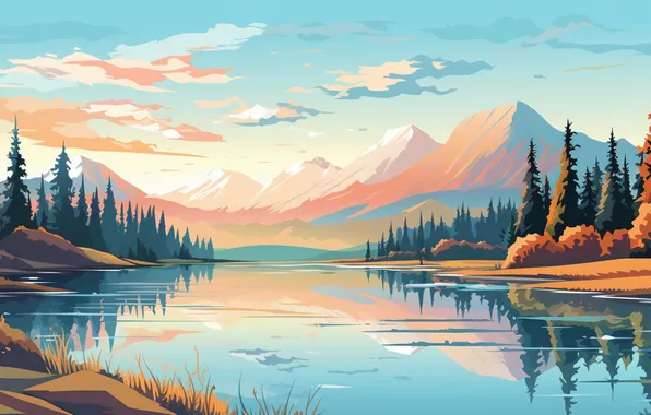 Forest, the sky, clouds, landscape, mountains, reflection, shore, graphics