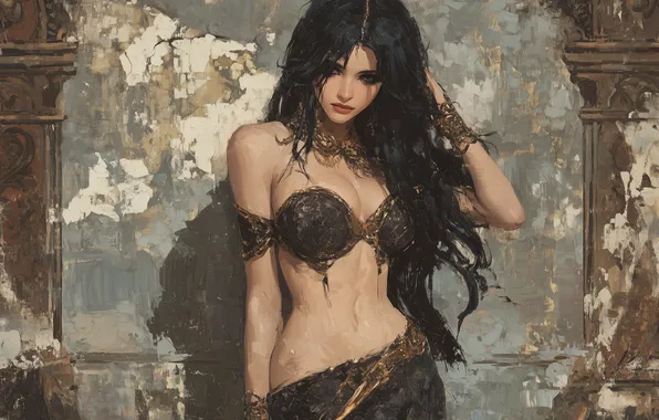 Chest, look, girl, pose, wall, figure, brunette, fantasy