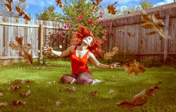 Leaves, joy, green grass, roses, red hair, leaves, roses, red hair
