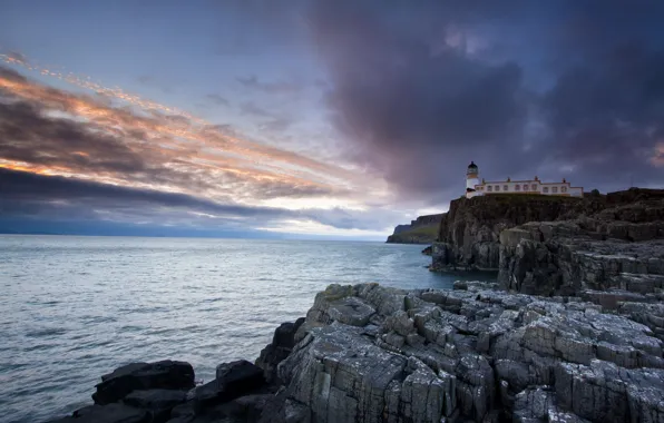 Sea, sunset, lighthouse, Isle of Skye, Neist Point Lighthouse