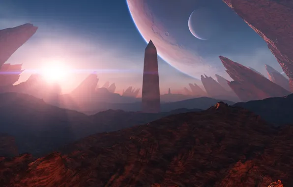 The sun, light, rocks, planet, obelisk