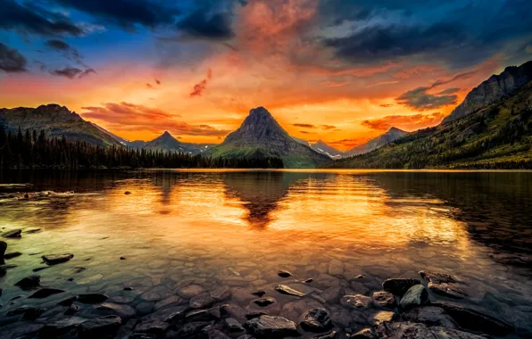 Picture forest, the sky, trees, sunset, mountains, lake, stones, glow