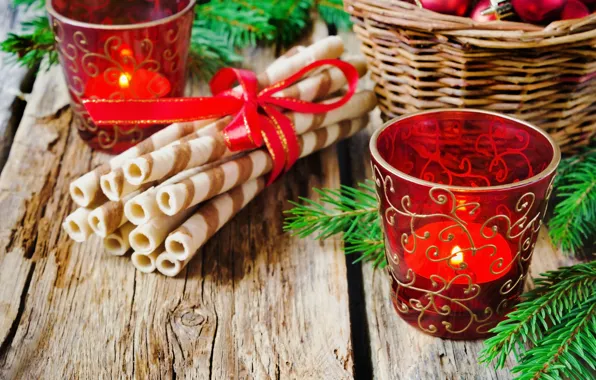 Winter, balls, branches, basket, food, candle, spruce, New Year