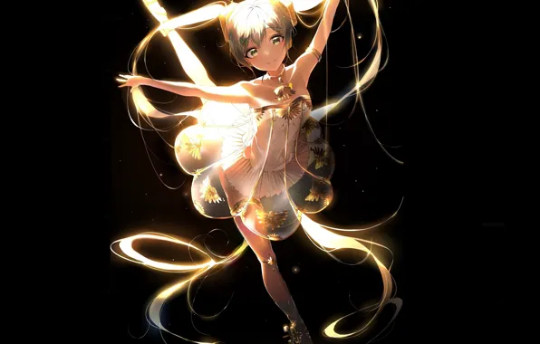 Black background, ballerina, vocaloid, Hatsune Miku, long hair, Vocaloid, Pointe shoes, Arabesque