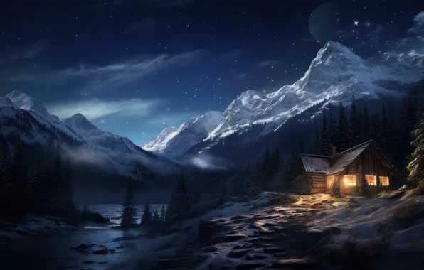 Winter, forest, snow, mountains, night, nature, house, house