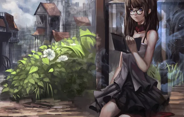 The sky, girl, clouds, flowers, the city, home, anime, art