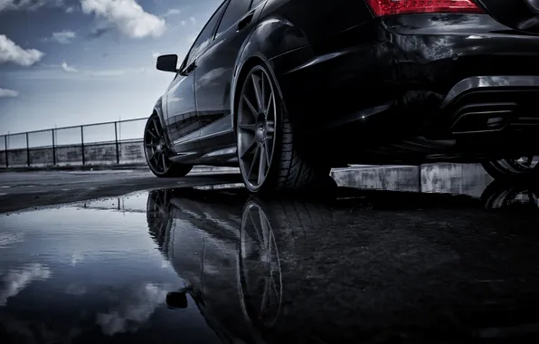 The sky, reflection, black, tuning, Mercedes-Benz, puddle, drives, Mercedes