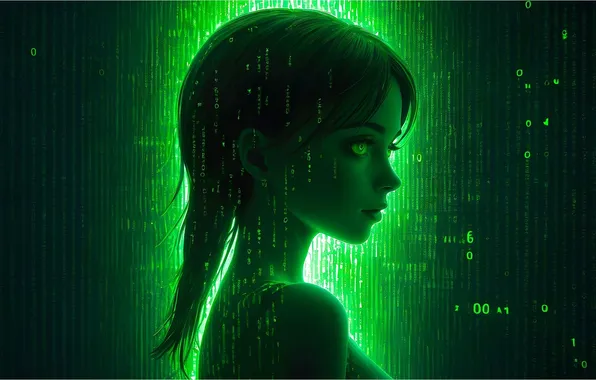 Green, girl, matrix, cyborg, binary code, cyborg, binary code, futuristic