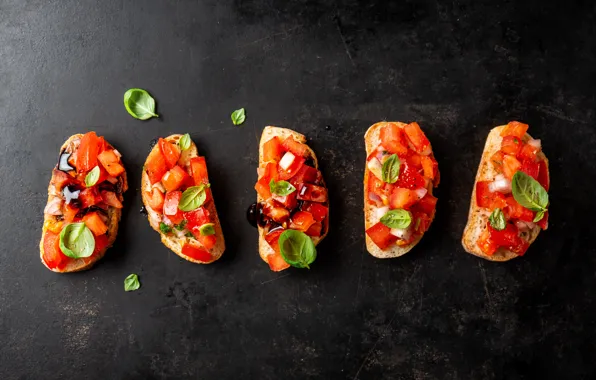 The dark background, food, bread, red, leaves, vegetables, tomatoes, cutting