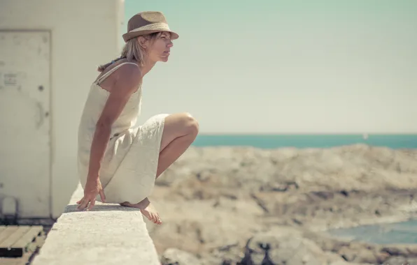 Sea, beach, rocks, hat, dress, rock, beach, white dress